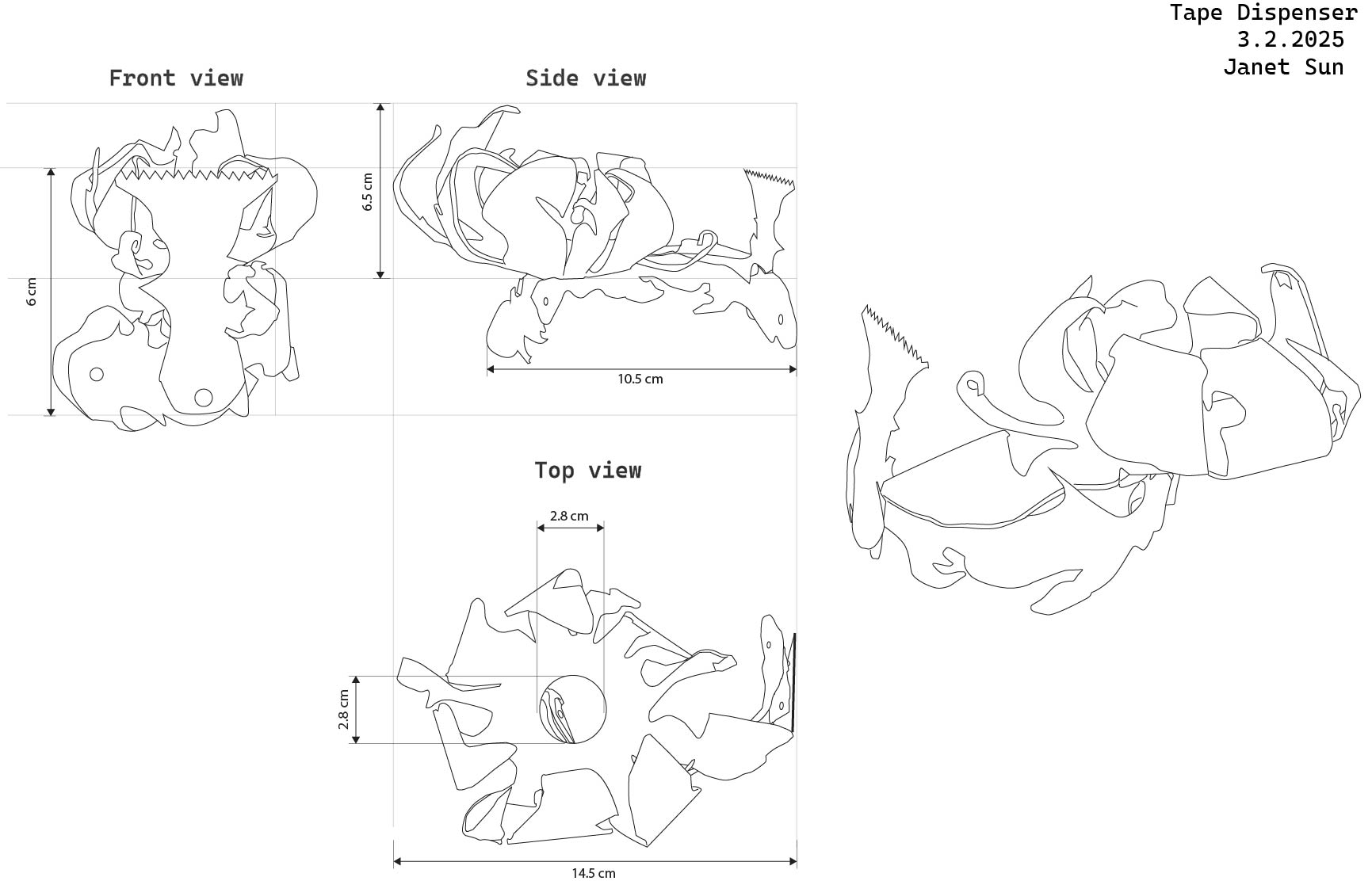 Bloom — Tape Dispenser orthographic drawing, Janet Sun 3.2.2025